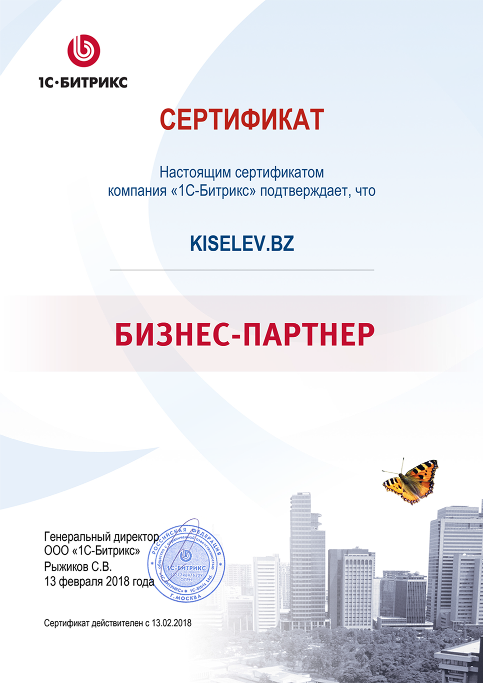 Сертификат партнёра по СРМ системам в Уссурийске
